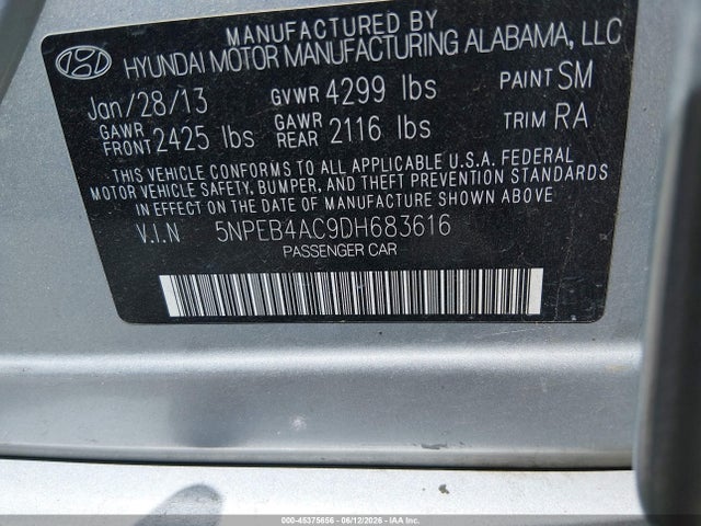 2013 Hyundai Sonata Gls მანქანა იყიდება აუქციონზე, vin: 5NPEB4AC9DH683616, აუქციონის ნომერი: 45375656