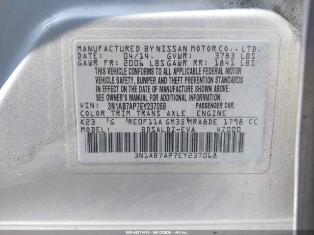 3N1AB7AP7EY237068 Nissan Sentra Fe+ S/fe+ Sv/s/sl/sr/sv