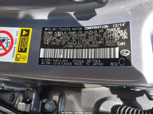 Aukcja sprzedaży 2015 Lexus Es 350, vin: JTHBK1GG6F2176560, numer aukcji: 45375661