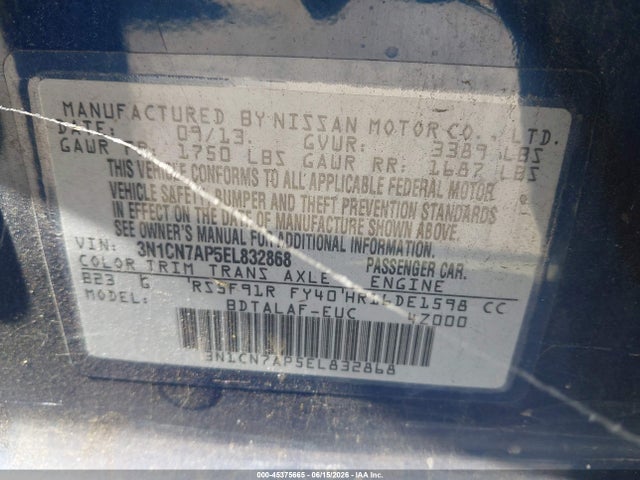 Aukcja sprzedaży 2014 Nissan Versa 1.6 S, vin: 3N1CN7AP5EL832868, numer aukcji: 45375665