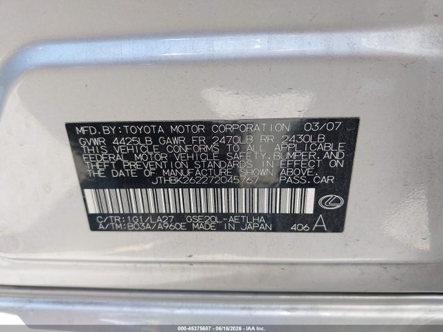 45375687 :رقم المزاد ، JTHBK262272045767 vin ، 2007 Lexus Is 250 مزاد بيع