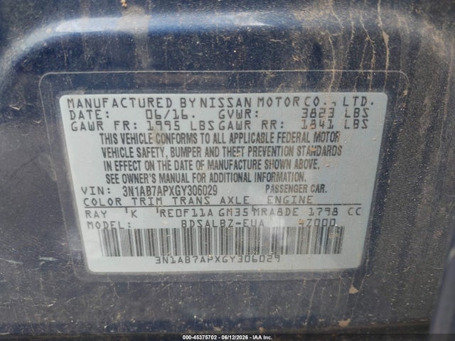 Aukcja sprzedaży 2016 Nissan Sentra S, vin: 3N1AB7APXGY306029, numer aukcji: 45375702