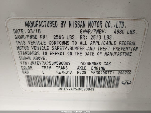 Продаж на аукціоні авто 2018 Infiniti Q50 3.0t Luxe, vin: JN1EV7AP5JM590849, номер лоту: 45375706