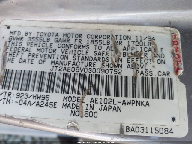 Aukcja sprzedaży 1995 Toyota Corolla Dx, vin: JT2AE09V0S0090752, numer aukcji: 45375712