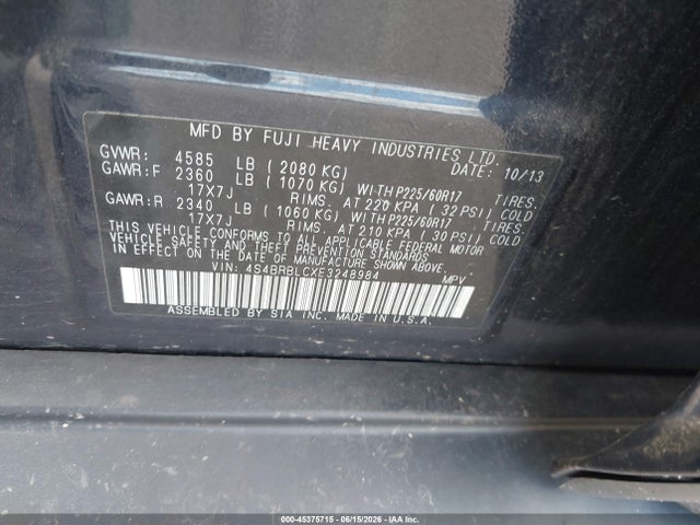 Subaru Outback 2.5i Limited 2014 4S4BRBLCXE3248984 Image 9