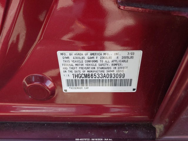 Aukcja sprzedaży 2003 Honda Accord 3.0 Ex, vin: 1HGCM66533A093099, numer aukcji: 45375722