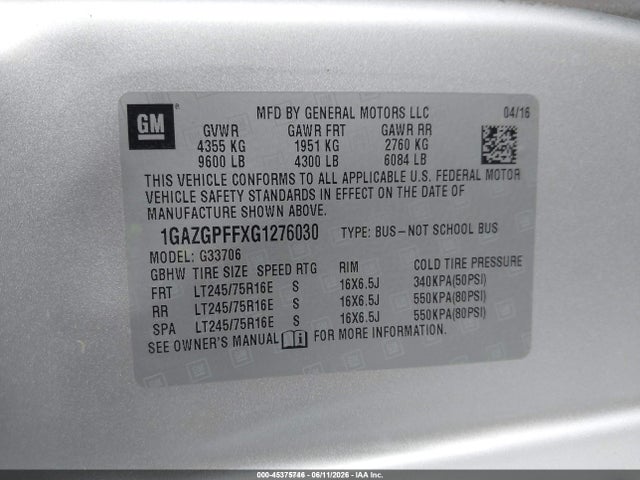 Aukcja sprzedaży 2016 Chevrolet Express 3500 Lt, vin: 1GAZGPFFXG1276030, numer aukcji: 45375746
