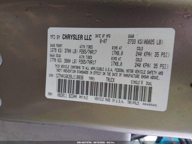 Aukcja sprzedaży 2008 Dodge Ram 1500 St/sxt, vin: 1D7HA16K28J118836, numer aukcji: 45375756