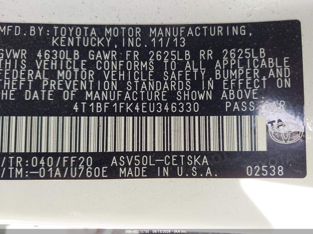 Продажа на аукционе авто 2014 Toyota Camry Se, vin: 4T1BF1FK4EU346330, номер лота: 45375780