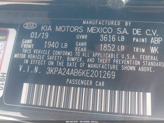 Aukcja sprzedaży 2019 Kia Rio S, vin: 3KPA24AB6KE201269, numer aukcji: 45375791