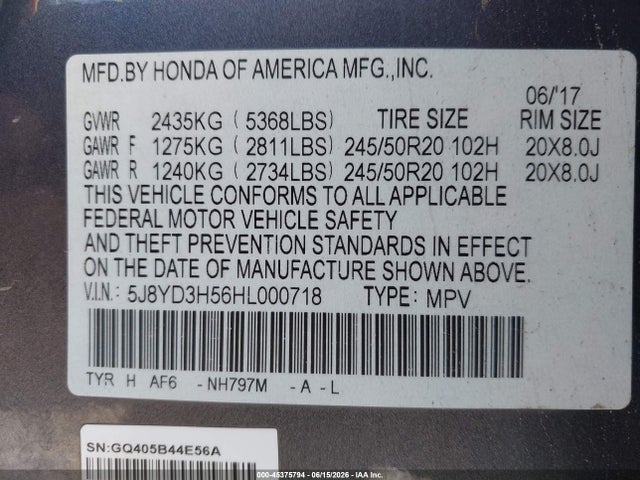 2017 Acura Mdx Technology Package მანქანა იყიდება აუქციონზე, vin: 5J8YD3H56HL000718, აუქციონის ნომერი: 45375794