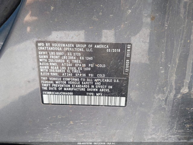 1V2NR2CA6JC564066 Volkswagen Atlas 3.6l V6 Sel Premium