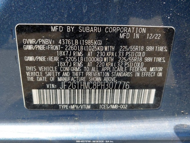 2023 Subaru Crosstrek Limited მანქანა იყიდება აუქციონზე, vin: JF2GTHMC8PH307776, აუქციონის ნომერი: 45375799