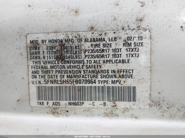 Honda Odyssey Ex-l 2015 5FNRL5H65FB070964 Image 9