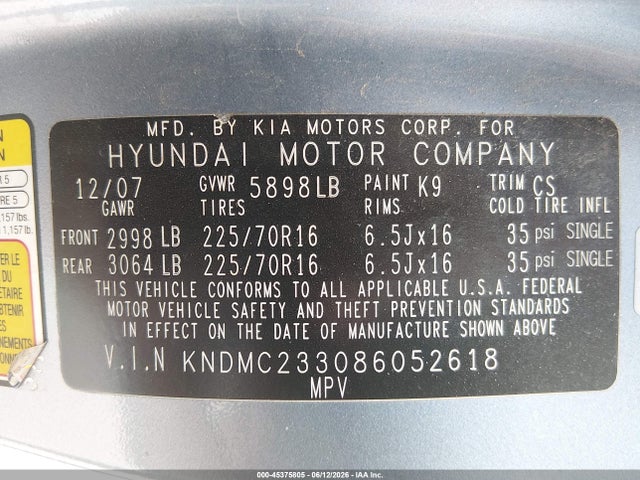 2008 Hyundai Entourage Gls/limited მანქანა იყიდება აუქციონზე, vin: KNDMC233086052618, აუქციონის ნომერი: 45375805