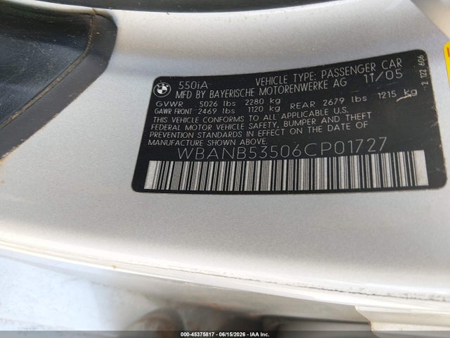 2006 Bmw 550i მანქანა იყიდება აუქციონზე, vin: WBANB53506CP01727, აუქციონის ნომერი: 45375817