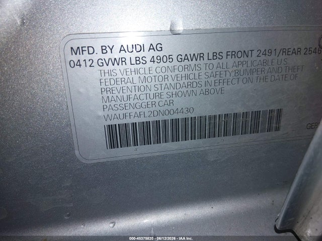 2013 Audi A4 2.0t Premium მანქანა იყიდება აუქციონზე, vin: WAUFFAFL2DN004430, აუქციონის ნომერი: 45375820
