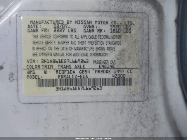 Aukcja sprzedaży 2007 Nissan Sentra 2.0, vin: 3N1AB61E57L669263, numer aukcji: 45375831