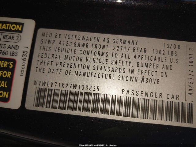 Aukcja sprzedaży 2007 Volkswagen Gti 2-door (m6), vin: WVWEV71K27W133835, numer aukcji: 45375835