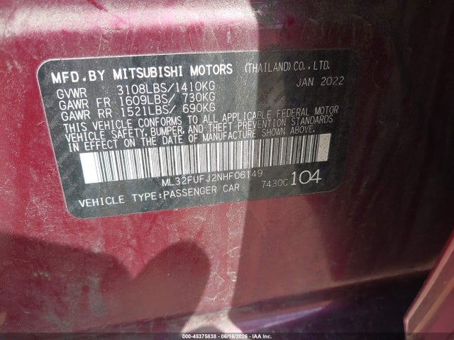 Aukcja sprzedaży 2022 Mitsubishi Mirage G4 Black Edition/es/le, vin: ML32FUFJ2NHF06149, numer aukcji: 45375838