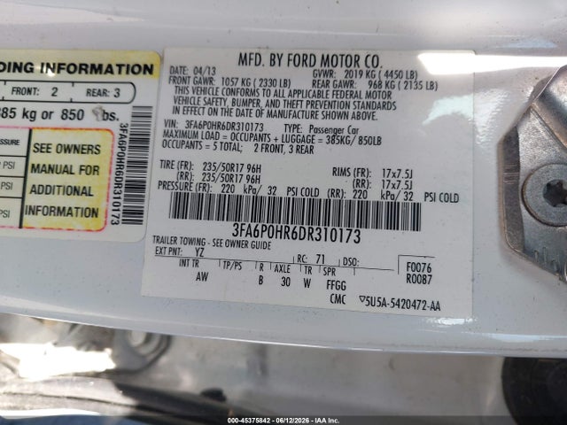 Aukcja sprzedaży 2013 Ford Fusion Se, vin: 3FA6P0HR6DR310173, numer aukcji: 45375842