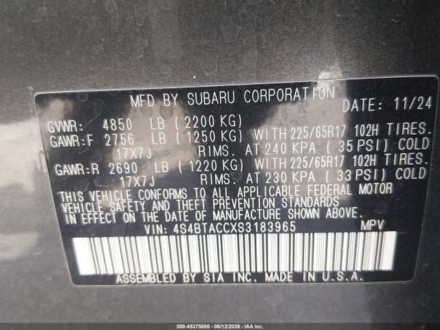 2025 Subaru Outback Premium მანქანა იყიდება აუქციონზე, vin: 4S4BTACCXS3183965, აუქციონის ნომერი: 45375880