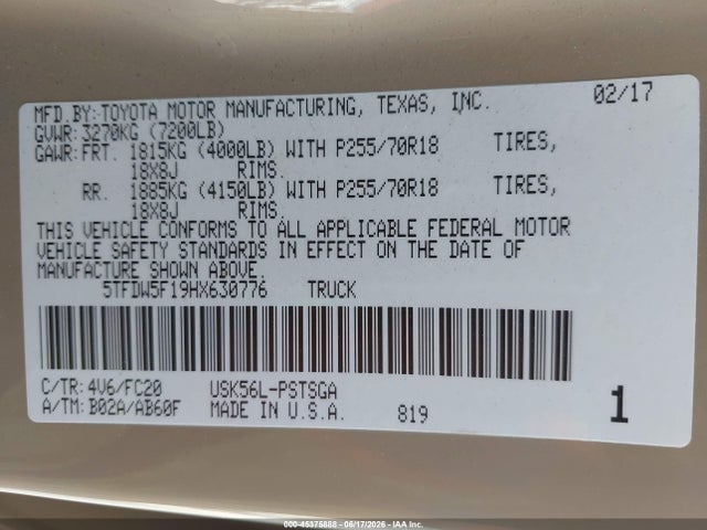 5TFDW5F19HX630776 Toyota Tundra Sr5 5.7l V8