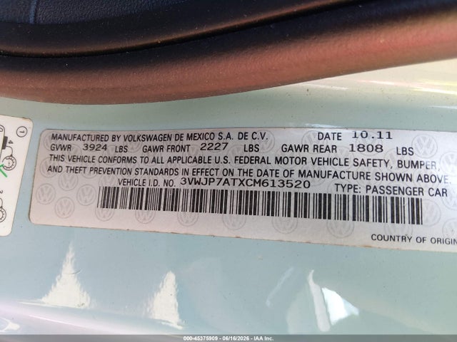 2012 Volkswagen Beetle 2.5l მანქანა იყიდება აუქციონზე, vin: 3VWJP7ATXCM613520, აუქციონის ნომერი: 45375909