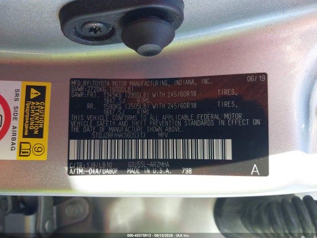 Toyota Highlander Xle 2019 5TDJZRFH4KS605313 Image 9