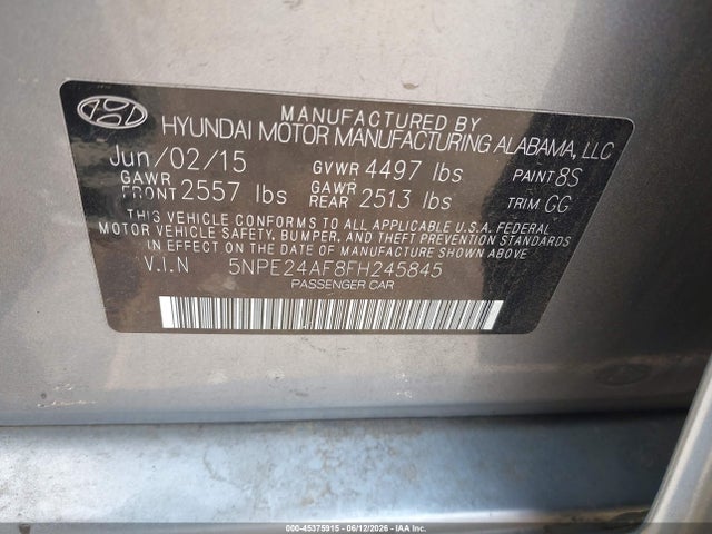 2015 Hyundai Sonata Se მანქანა იყიდება აუქციონზე, vin: 5NPE24AF8FH245845, აუქციონის ნომერი: 45375915