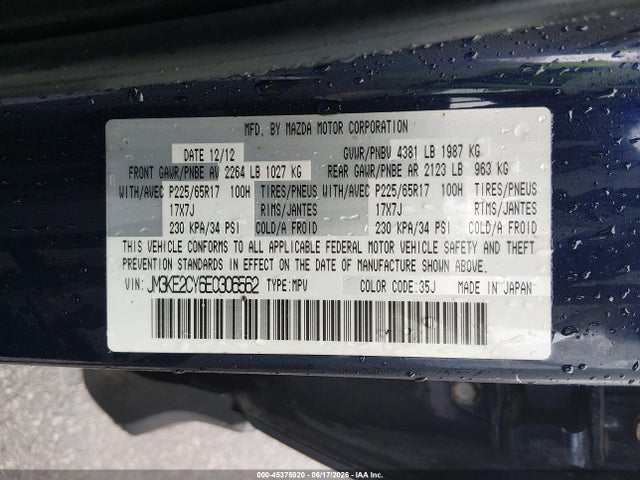 45375920 :رقم المزاد ، JM3KE2CY6E0306562 vin ، 2014 Mazda Cx-5 Touring مزاد بيع