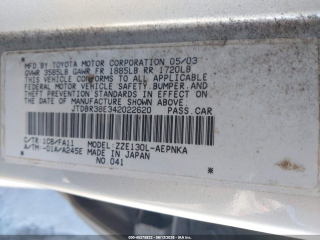 Aukcja sprzedaży 2004 Toyota Corolla Le, vin: JTDBR38E342022620, numer aukcji: 45375922