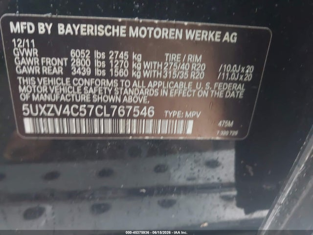Aukcja sprzedaży 2012 Bmw X5 Xdrive35i/xdrive35i Premium/xdrive35i Sport Activity, vin: 5UXZV4C57CL767546, numer aukcji: 45375936