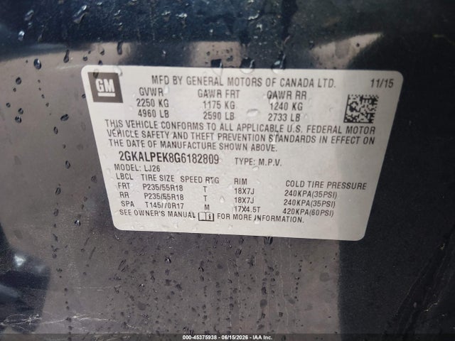 45375938 :رقم المزاد ، 2GKALPEK8G6182809 vin ، 2016 Gmc Terrain Slt مزاد بيع