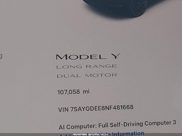 2022 Tesla Model Y Long Range Dual Motor All-wheel Drive მანქანა იყიდება აუქციონზე, vin: 7SAYGDEE8NF481668, აუქციონის ნომერი: 45375960