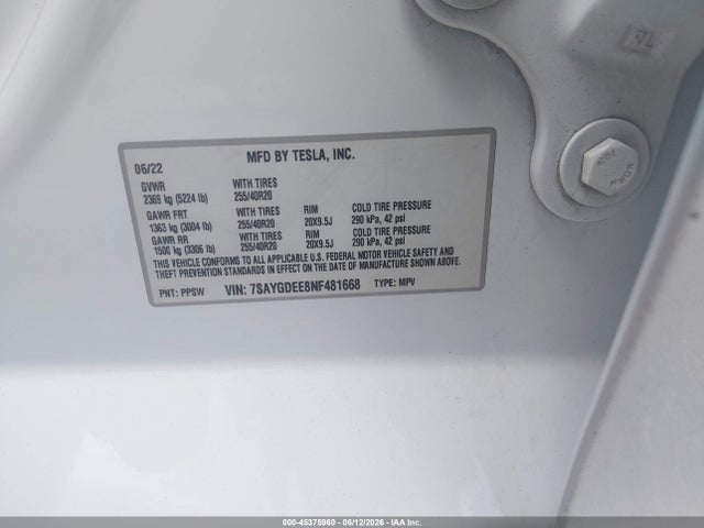 2022 Tesla Model Y Long Range Dual Motor All-wheel Drive მანქანა იყიდება აუქციონზე, vin: 7SAYGDEE8NF481668, აუქციონის ნომერი: 45375960