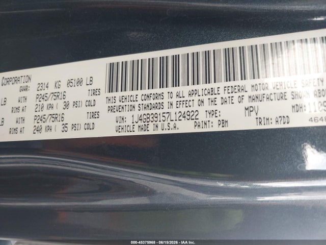 45375968 :رقم المزاد ، 1J4GB39157L124922 vin ، 2007 Jeep Wrangler Unlimited X مزاد بيع
