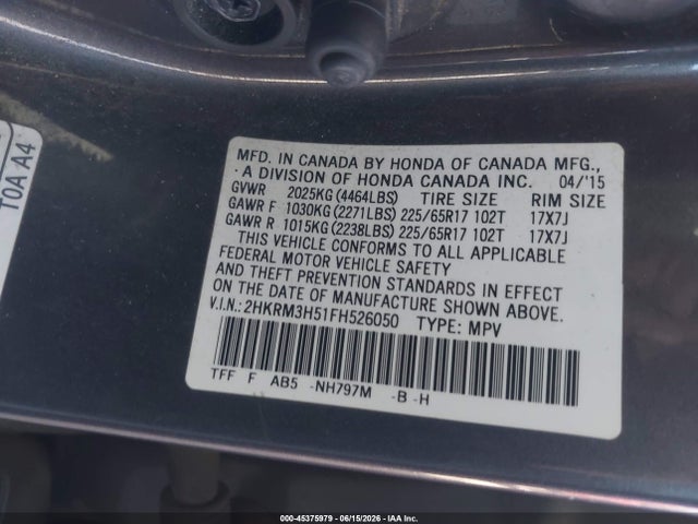 Honda CR-V EX 2015 2HKRM3H51FH526050 Image 9