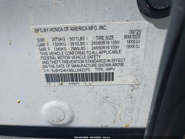 2020 Acura Mdx Standard მანქანა იყიდება აუქციონზე, vin: 5J8YD4H38LL042370, აუქციონის ნომერი: 45375988