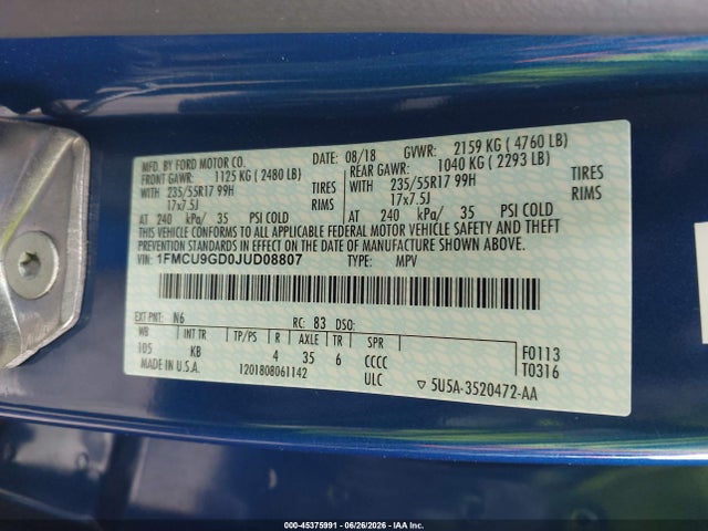 Ford ESCAPE SE 2018 1FMCU9GD0JUD08807 Image 9