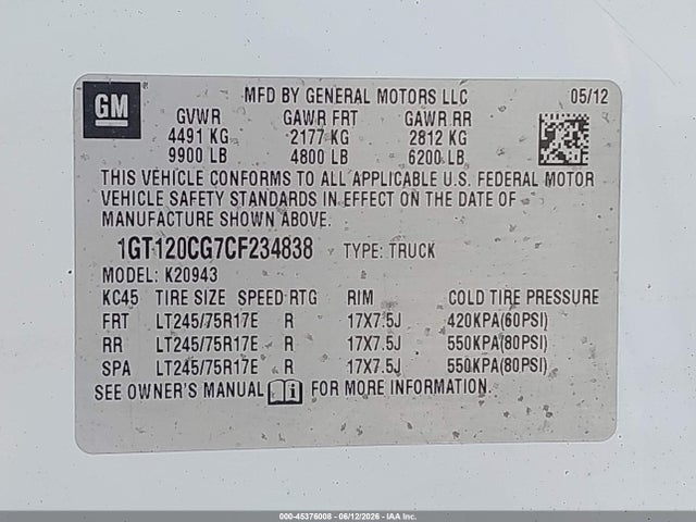 Aukcja sprzedaży 2012 Gmc Sierra 2500hd Sle, vin: 1GT120CG7CF234838, numer aukcji: 45376008