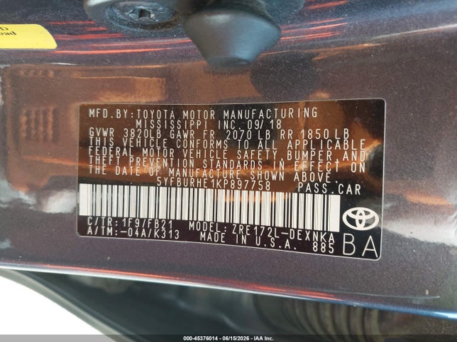 45376014 :رقم المزاد ، 5YFBURHE1KP897758 vin ، 2019 Toyota Corolla Le مزاد بيع