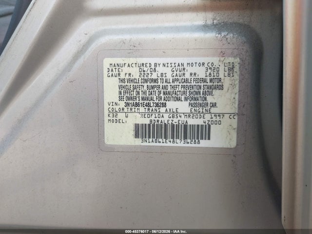 Aukcja sprzedaży 2008 Nissan Sentra 2.0 S, vin: 3N1AB61E48L736288, numer aukcji: 45376017
