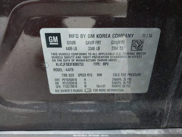 45376018 :رقم المزاد ، KL4CJFSB3FB080753 vin ، 2015 Buick Encore Convenience مزاد بيع