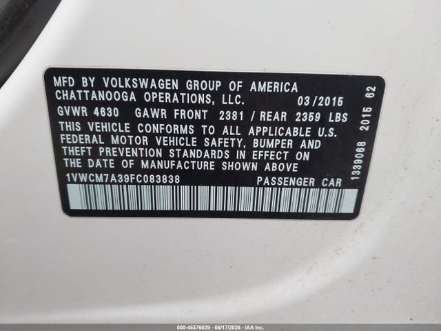 Продажа на аукционе авто 2015 Volkswagen Passat 3.6l V6 Sel Premium, vin: 1VWCM7A39FC083838, номер лота: 45376029