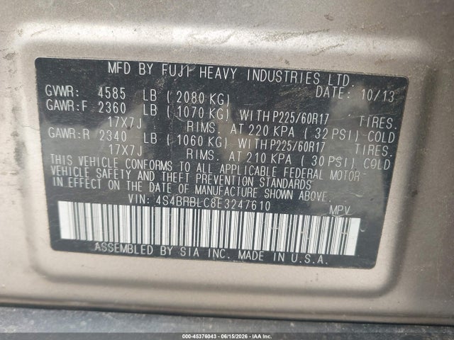Subaru Outback 2.5i Limited 2014 4S4BRBLC8E3247610 Image 9