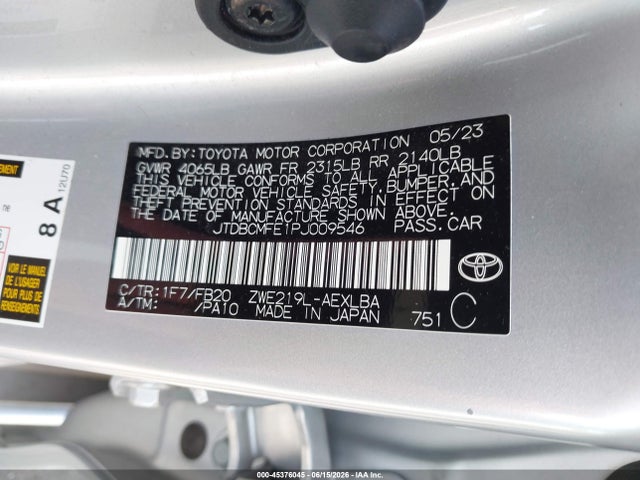 45376045 :رقم المزاد ، JTDBCMFE1PJ009546 vin ، 2023 Toyota Corolla Hybrid Le مزاد بيع