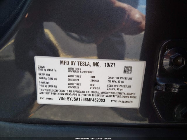 Aukcja sprzedaży 2021 Tesla Model S Plaid Tri Motor All-wheel Drive, vin: 5YJSA1E68MF452083, numer aukcji: 45376049