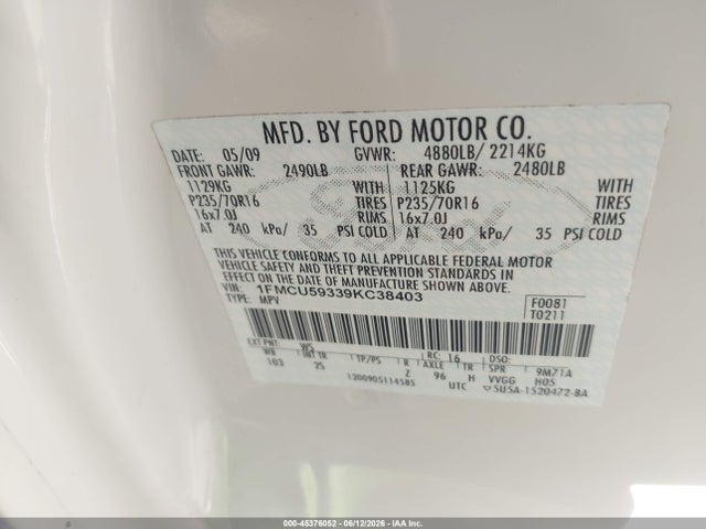Продаж на аукціоні авто 2009 Ford Escape Hybrid Limited, vin: 1FMCU59339KC38403, номер лоту: 45376052