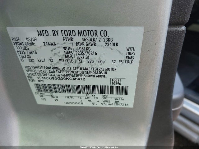 Продажа на аукционе авто 2009 Ford Escape Xlt, vin: 1FMCU93G39KC46472, номер лота: 45376054
